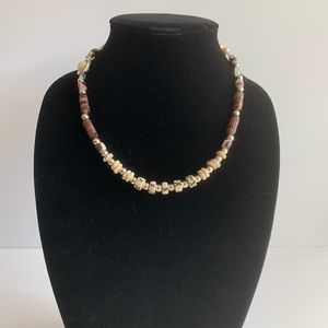 Beige, Brown and Silver beaded Handmade Necklace